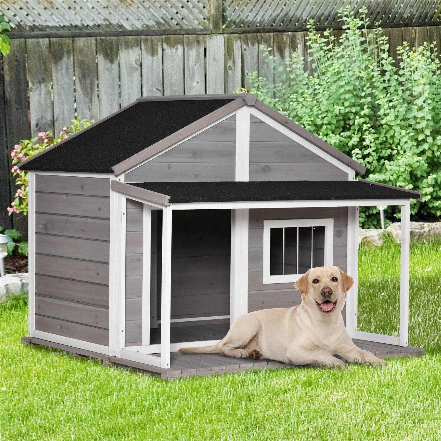 PawHut Outdoor Dog House Cabin Style Wooden Raised Pet Kennel with Asphalt Roof - Pet Supplies online store