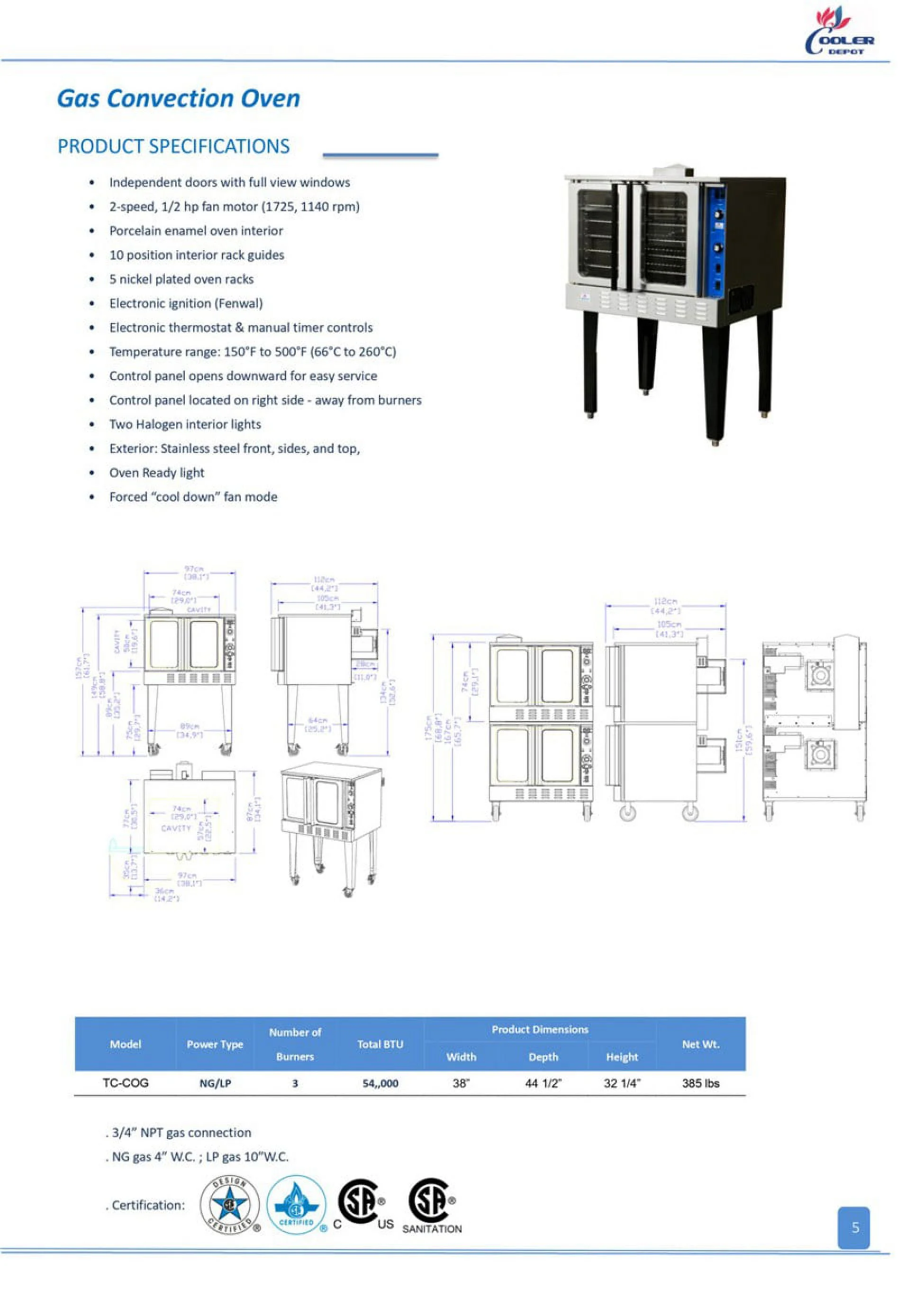 Commercial Convection Oven, Natural Gas or Propane, Single Deck, Four Legs, Restaurant Kitchen Bakery TC-COG-1