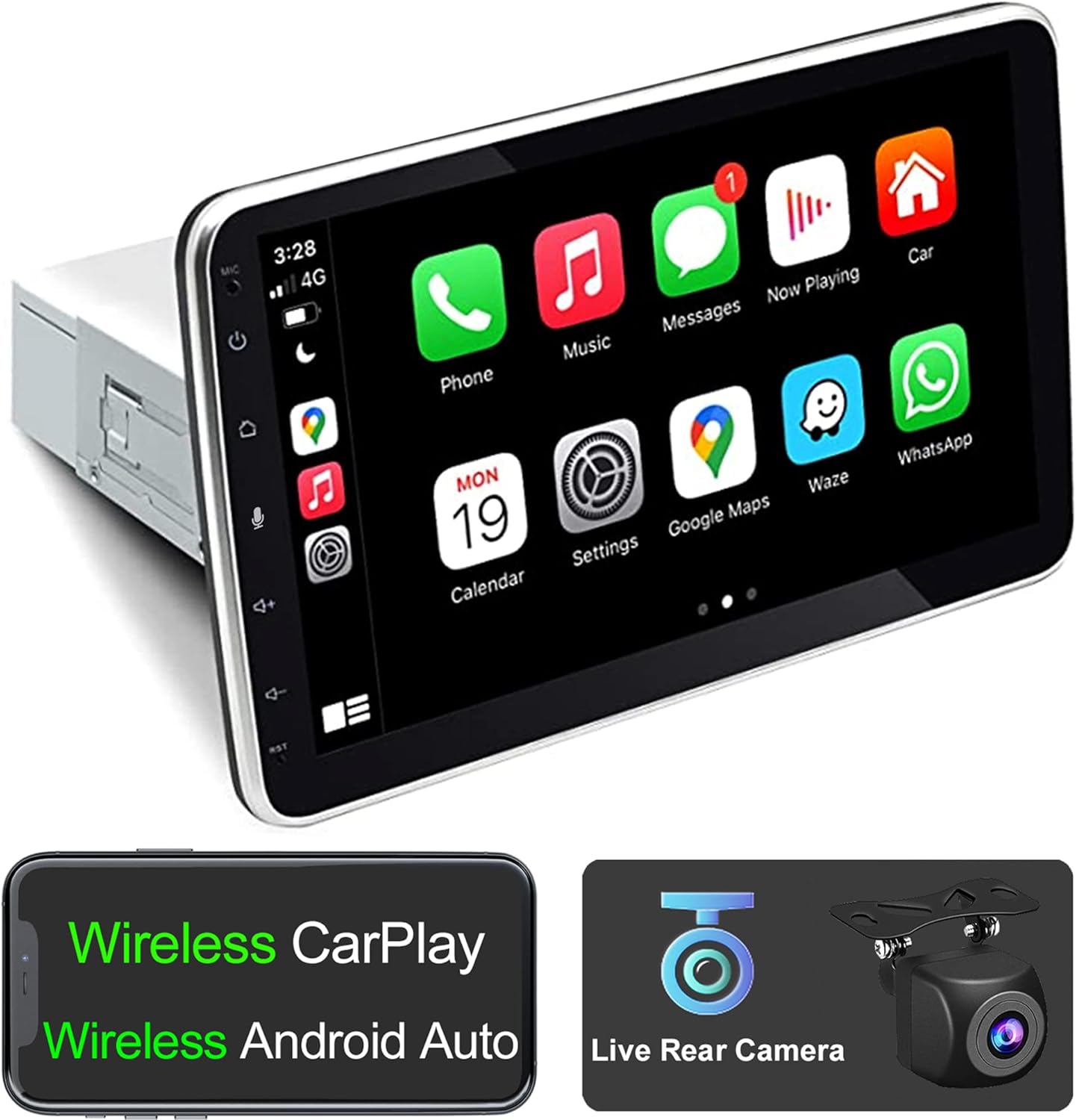 IYING 10.1 Inch Single Din Adjustable Car Radio Wireless CarPlay & Wireless Android Auto Car Stereo Receiver with Live Rear-View Backup Camera Bluetooth AM/FM Airplay Touchscreen Head Unit 1 Din