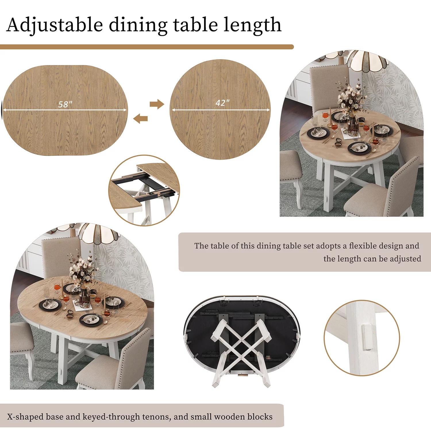 Churanty 5 Piece Farmhouse Dining Table Set Wood Round Extendable Dining Table and 4 Upholstered Dining Chairs,Oak Natural Wood + Antique White