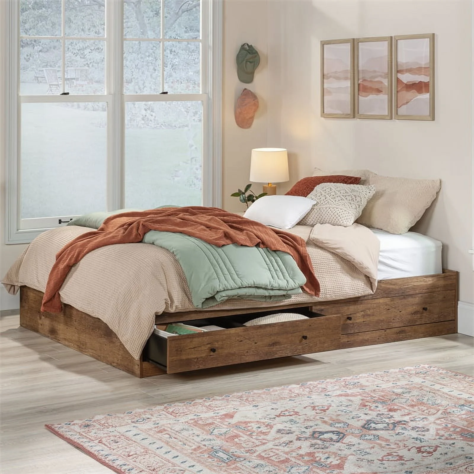 Sauder Boulevard Cafe Engineered Wood Queen Storage Bed in Vintage Oak Finish