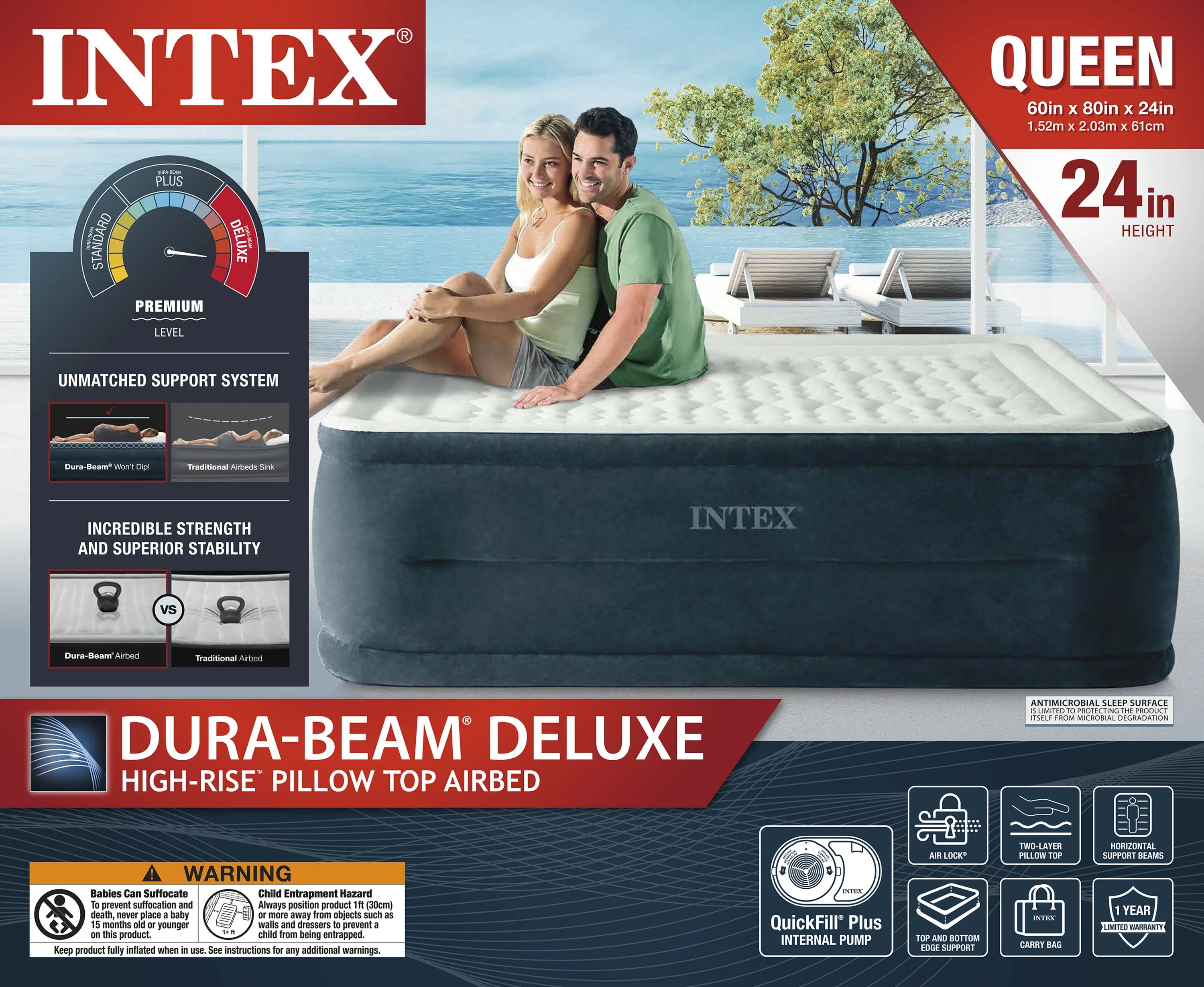 Intex 24 Dream Lux Pillow Top Dura-Beam Airbed Mattress with Internal Pump - Full