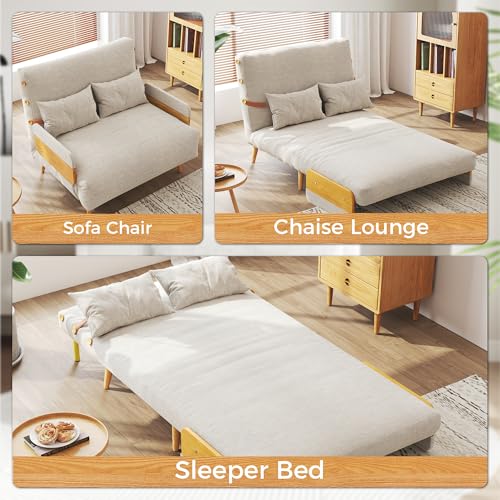 3-in-1 Convertible Chair Bed Sleeper for Adults, Linen Convertable Sleeper Chair with Wooden Arms & Pillows, Foldable Single Futon Sofa Bed (Mid Century with Walnut Arm, 36.6" Wide)