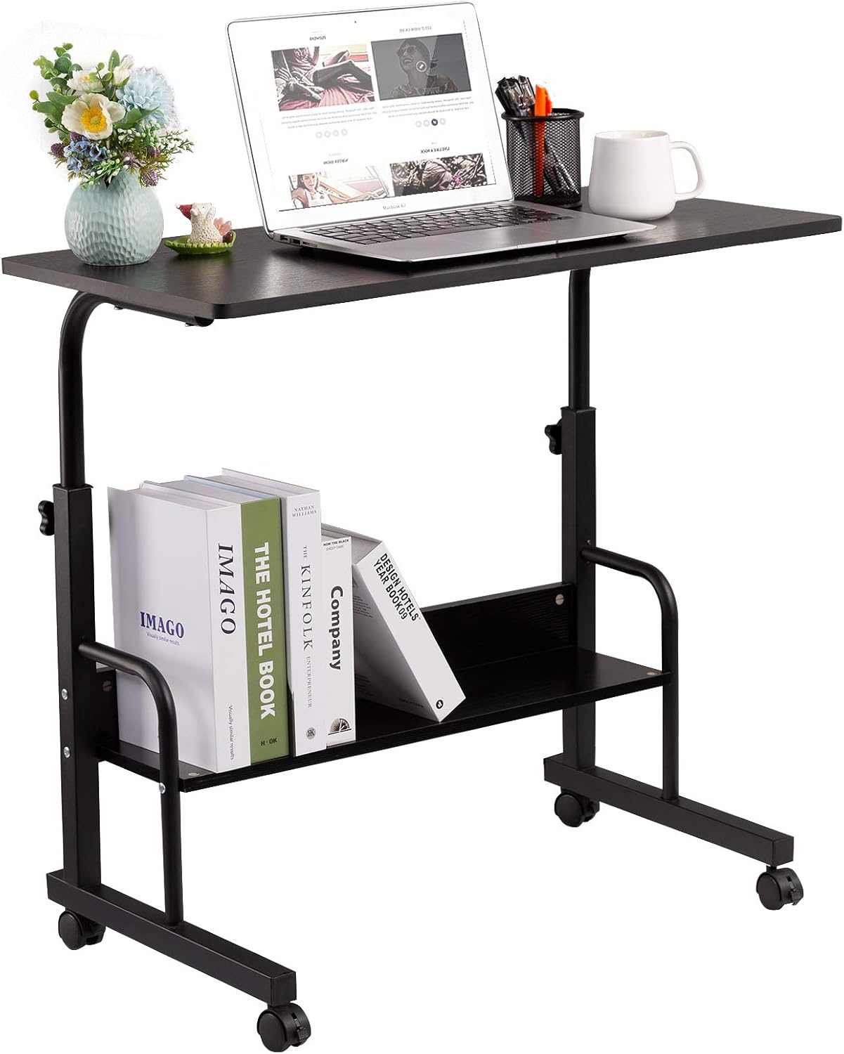 GAJOO Mobile Side Table Mobile Laptop Desk Cart 31.49 Inches Tray Table Adjustable Sofa Side Bed Table Portable Desk with Wheels Student Laptop Desk (Black)