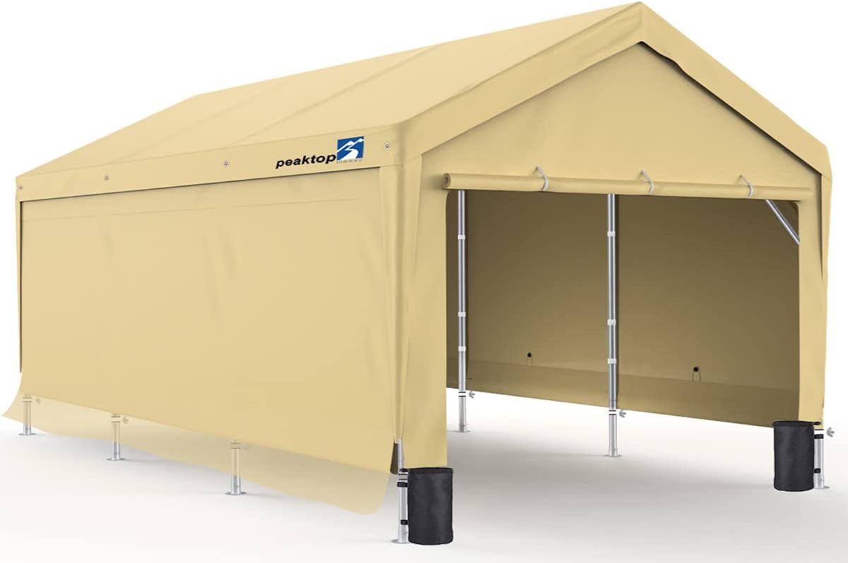 PEAKTOP OUTDOOR 10x20ft Upgraded Heavy Duty Carport with Adjustable Heights from 9.5ft to 11ft,Portable Car Canopy with Removable Sidewalls, Garage Tent, Boat Shelter with Reinforced Triangular Beams