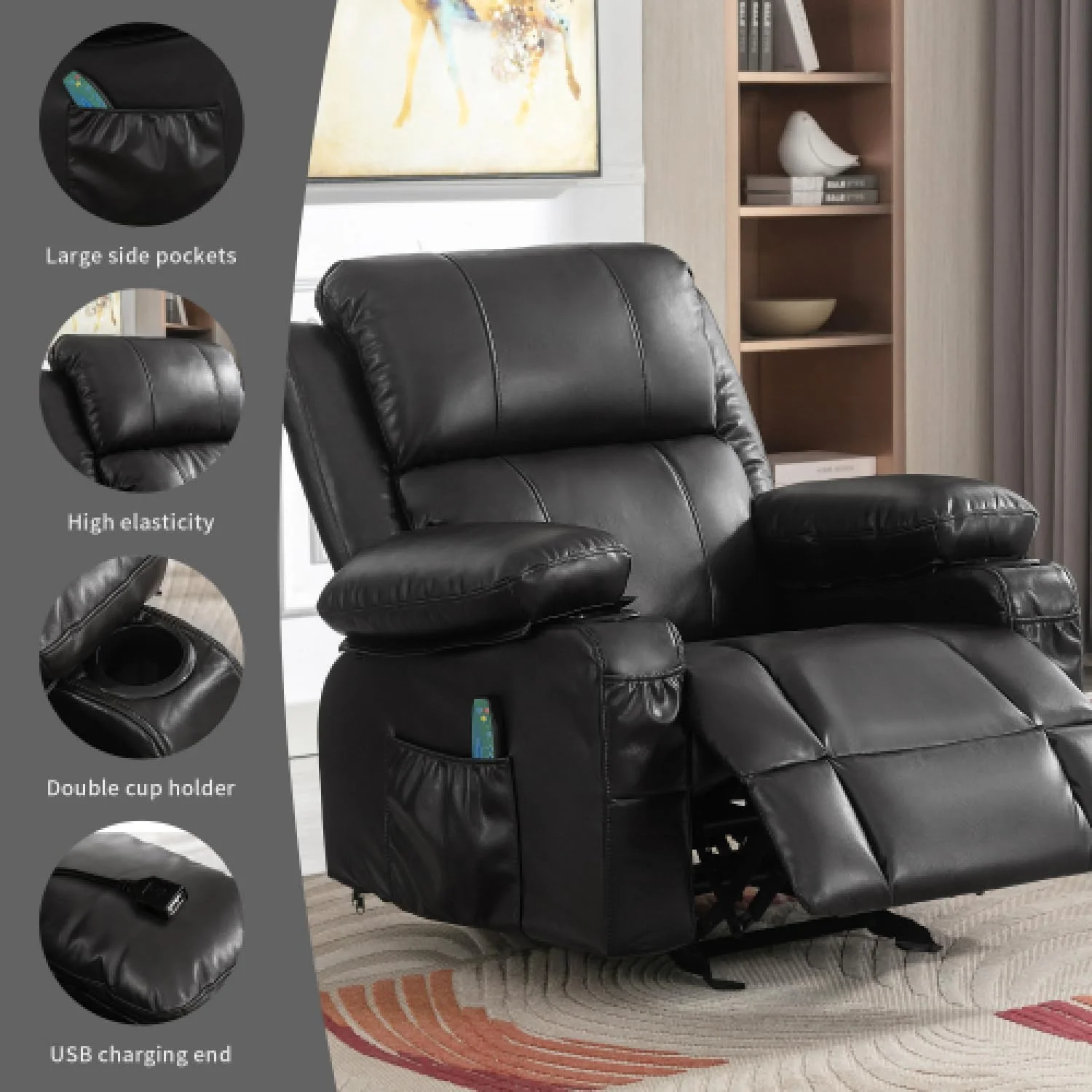 Oversized Power Rocker Recliner with Heat and Massage, Leather Recliner Chairs for Adults, Ergonomic Single Sofa Chair with Cup Holders, Side Pockets and USB, for Living Room/Office (Black)
