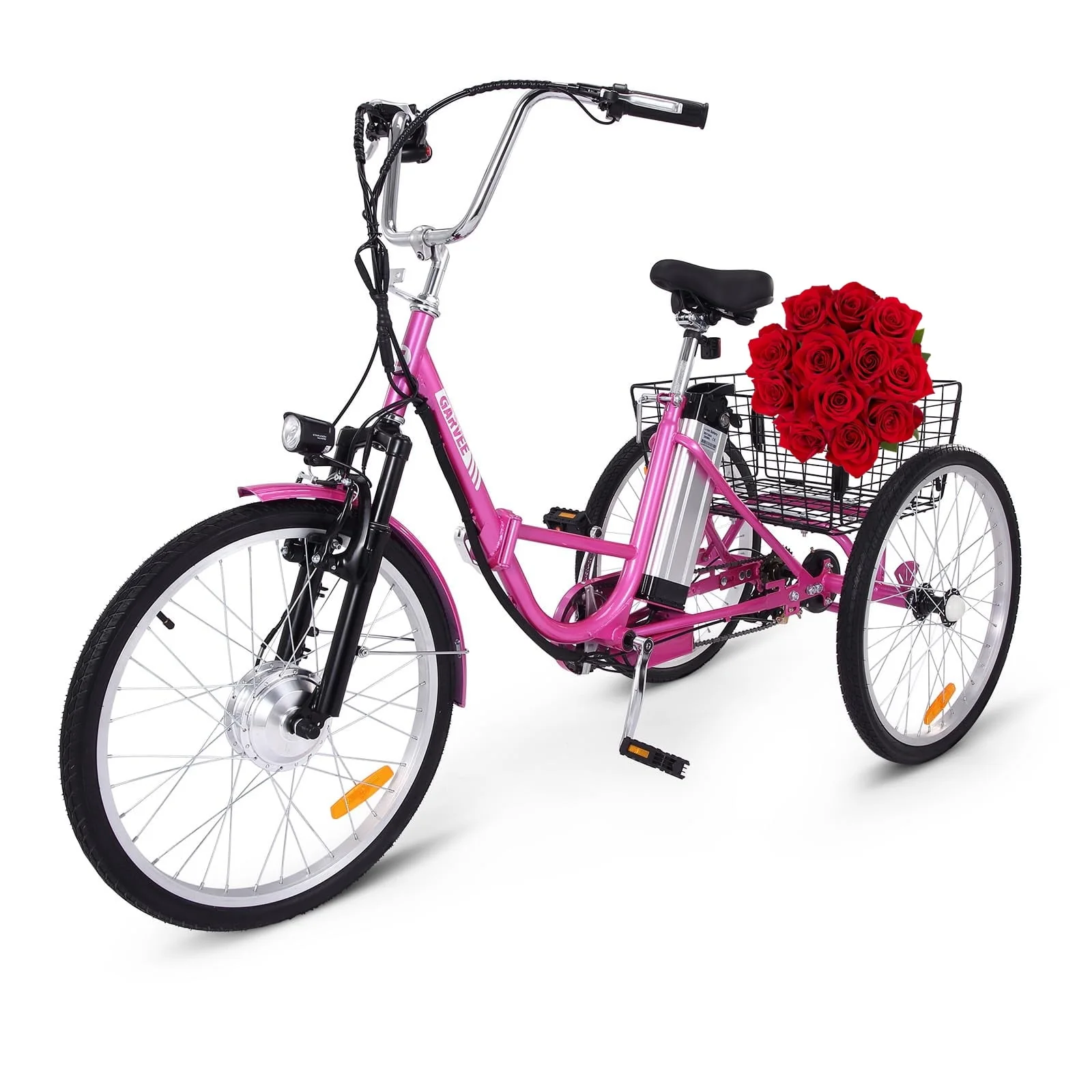 Soonbuy 24 Electric Tricycle, 7 Speeds/36V 10Ah/Large Basket, up to 330lbs , Rose Red