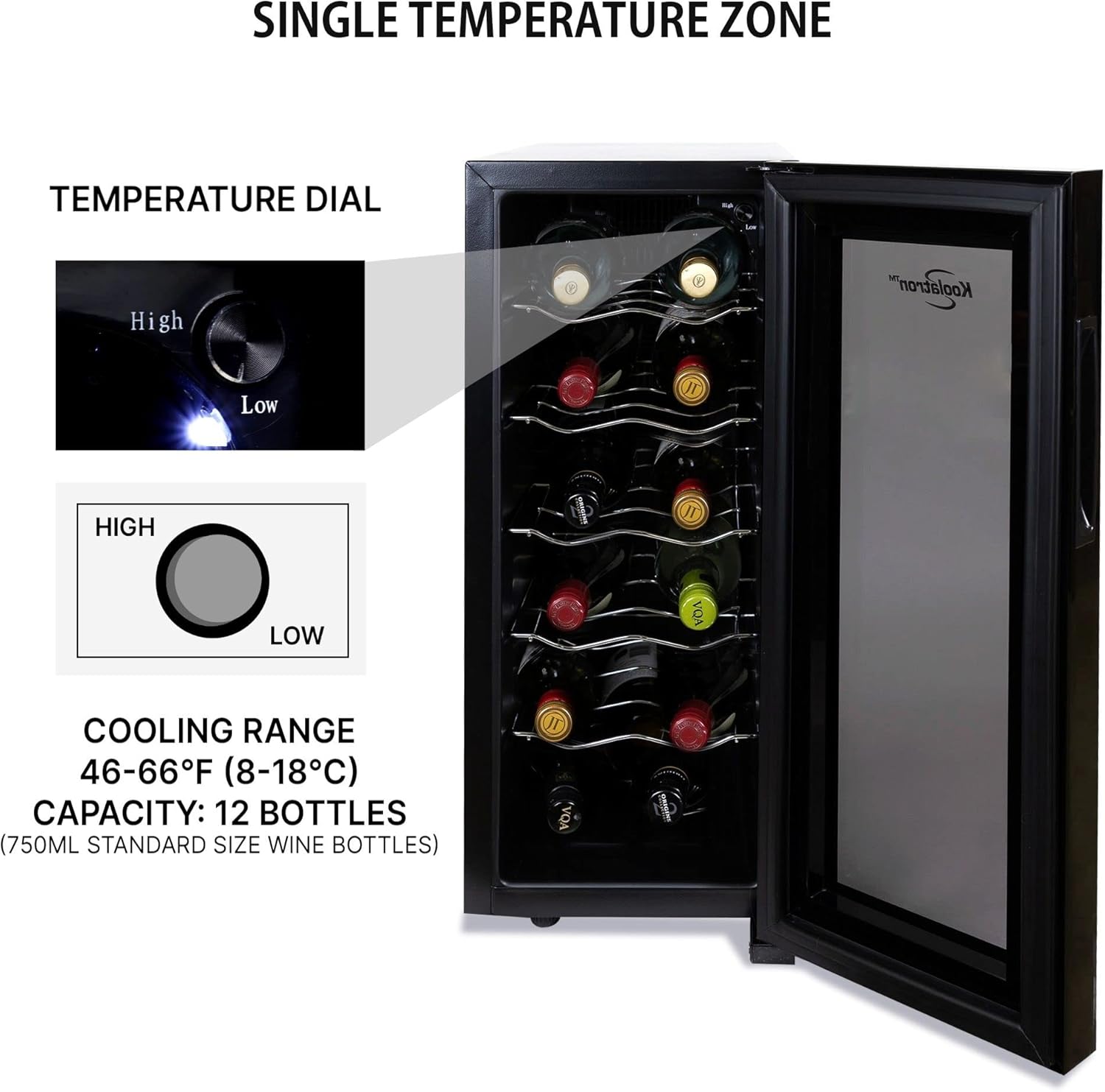 Koolatron 12 Bottle Wine Cooler, Black, Thermoelectric Wine Fridge, 1 cu. ft. (28L), Freestanding Wine Refrigerator, Red, White and Sparkling Wine Storage for Small Kitchen, Apartment, Condo, RV