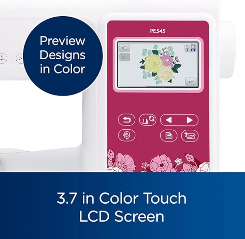 Brother PE545 Embroidery Machine, Wireless LAN Connected, 135 Built-in Designs, 4" x 4" Hoop Area, Large 3.7" LCD Touchscreen, USB Port, 10 Font Styles