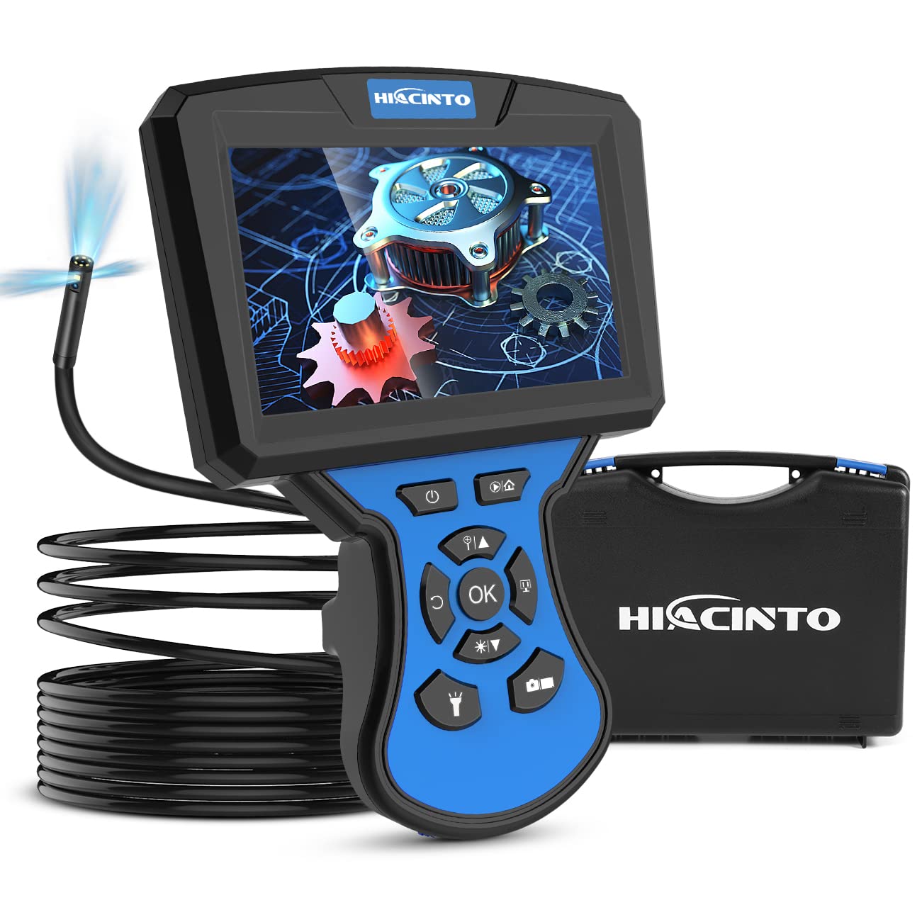 Hiacinto Triple Lens Endoscope Camera, 5 Inch IPS Screen Borescope Inspection Camera, IP68 Waterproof Snake Camera with 8 LED Lights and 32GB Card, 16.5ft Semi-Rigid Cable
