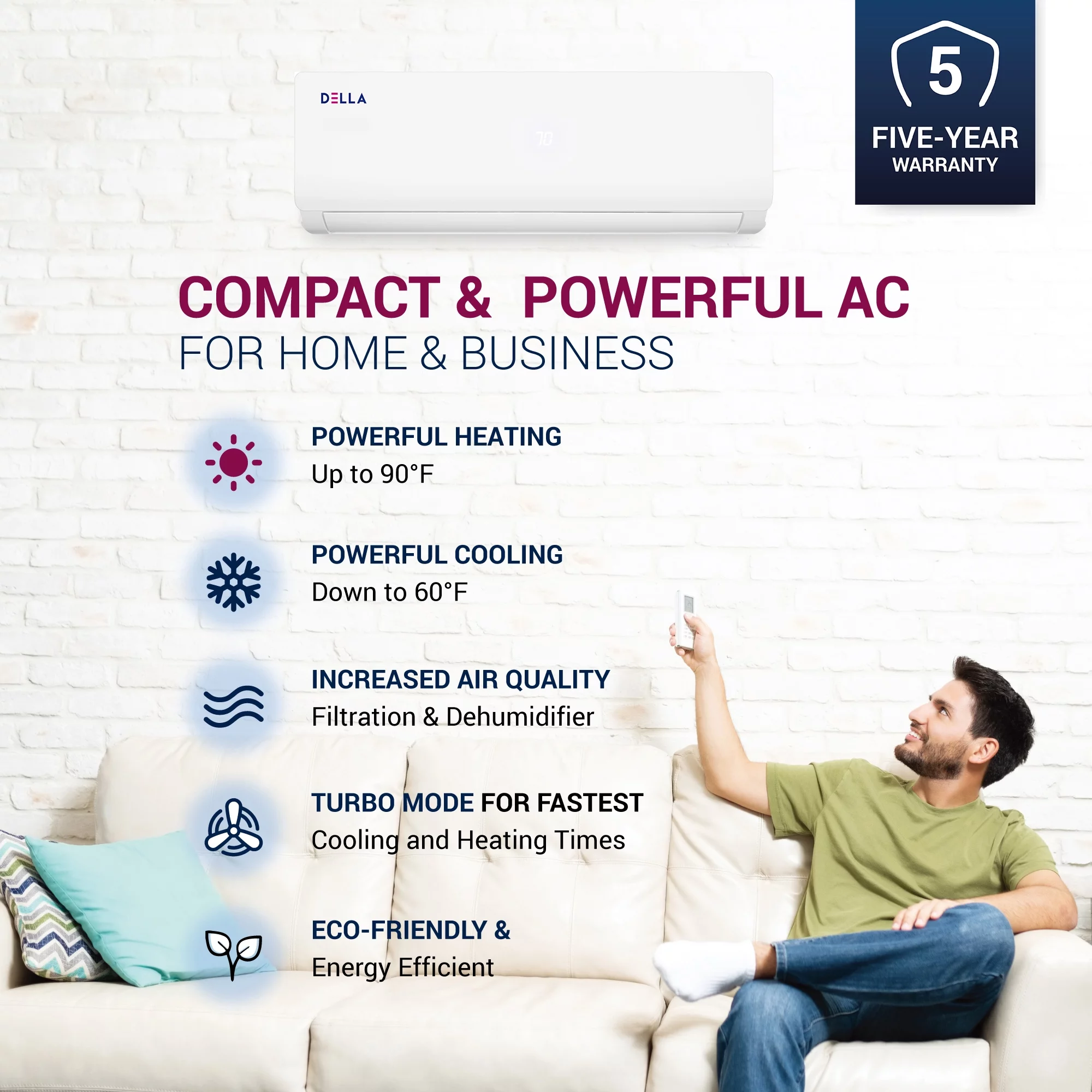 DELLA 18K BTU ODU 2 Zone 9000 12000 BTU 19 SEER 208/230V Cools Up to 950 Sq.Ft Wifi Energy Efficient Multi Zone Ductless Mini Split Air Conditioner Heat Pump Full Set with 16ft Installation Kits