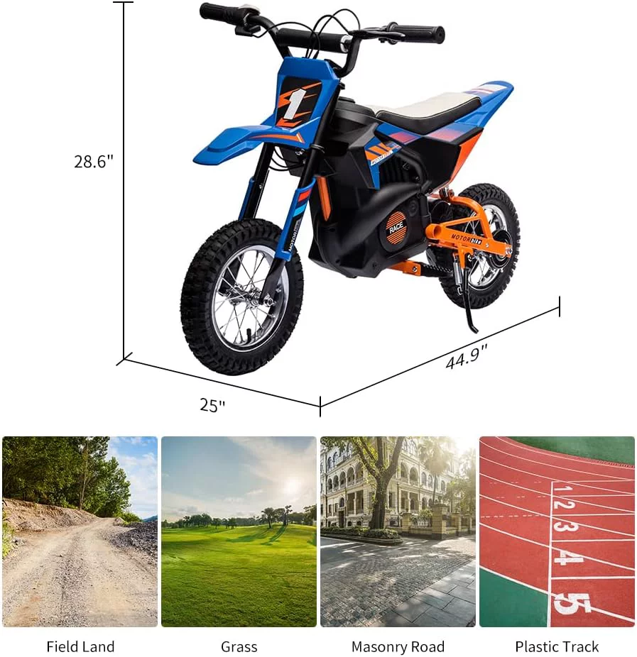24V Electric Off-Road Motorcycle,250W Motor 13.6MPH Fast Speed Motocross,Leather Seat Dirt Bike,Twist Grip Throttle,Metal Suspension,Air-Filled Tires,for Kids Teens Age 13+ (Blue)