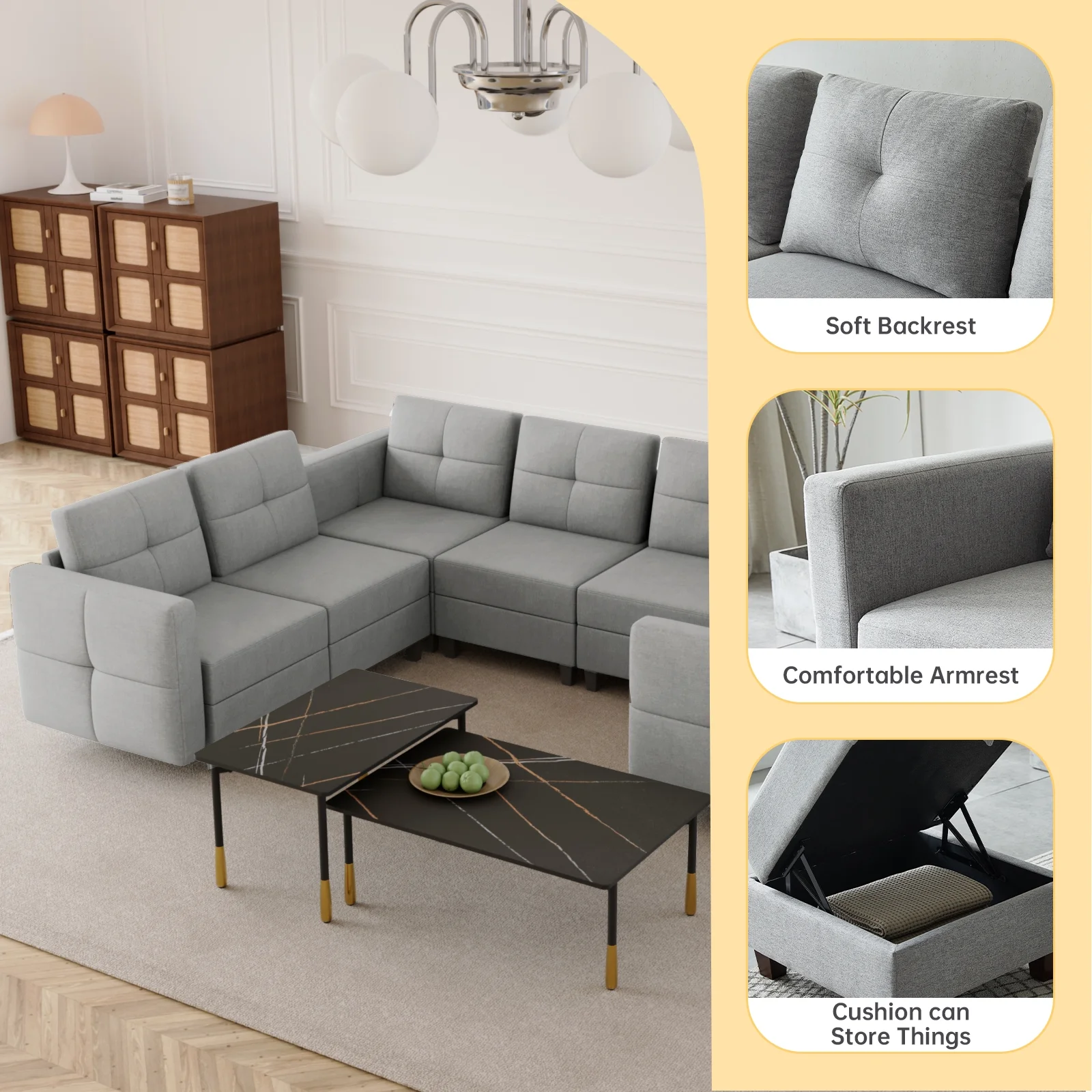 35"H Modular Sectional Sofa Couch with Storage for Living Room, Sectional with Eversible Ottomans, Apartment Sleeper Sofa Bed, Gray