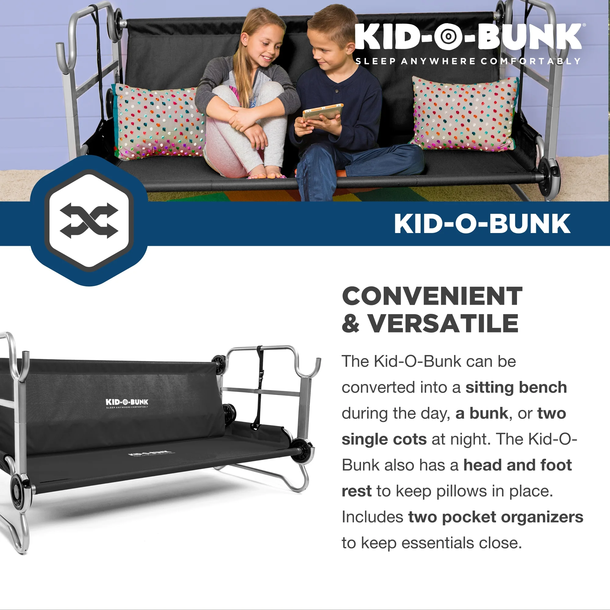 Disc-O-Bed Kid-O-Bunk Portable Benchable Double Cot with Organizers, Black
