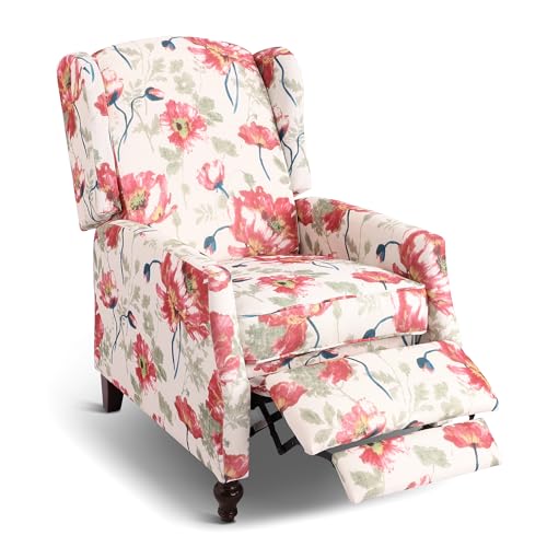 Wingback Recliner Chair with Massage and Heat, Tufted Fabric Pushback Recliner Chair, Wingback Chair with Remote Control, Padded Cushion, Wooden Legs, Small Recliners for Small Spaces