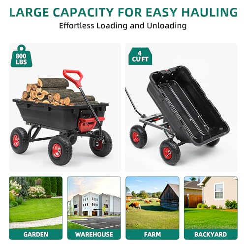 800lbs Garden Dump Cart, Heavy Duty Yard Dump Wagon with 10" Pneumatic Tires, Utility Cart for Yard, Farm and Garden