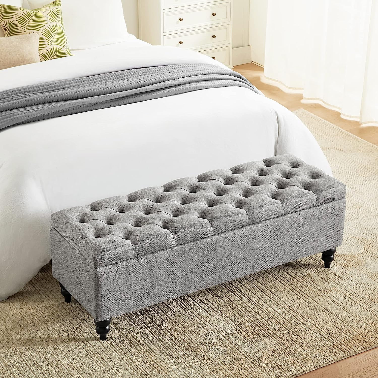 Storage Ottoman Bench, 50.2 Inches Upholstered Fabric Storage Ottoman Bench, Button Tufted Ottoman with Large Storage, End of Bed Bench, for Living Room, Entryway, Bedroom (Grey)