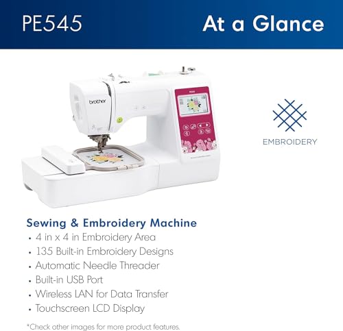 Brother PE545 Embroidery Machine, Wireless LAN Connected, 135 Built-in Designs, 4" x 4" Hoop Area, Large 3.7" LCD Touchscreen, USB Port, 10 Font Styles