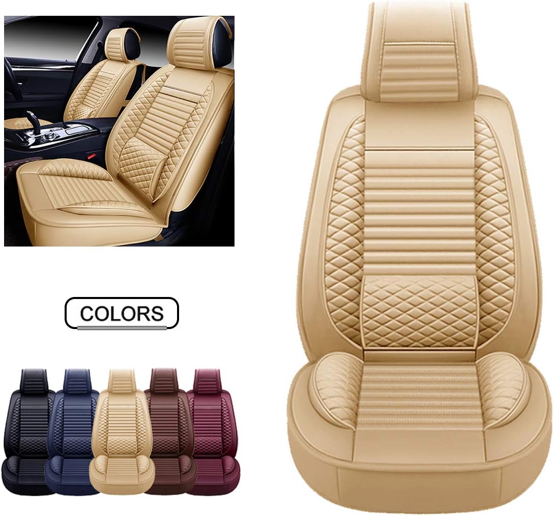 OASIS AUTO OS-002 Leather Car Seat Covers, Faux Leatherette Automotive Vehicle Cushion Cover for 5 Passenger Cars & SUV Universal Fit Set for Auto Interior Accessories (OS-002 Full Set, TAN)