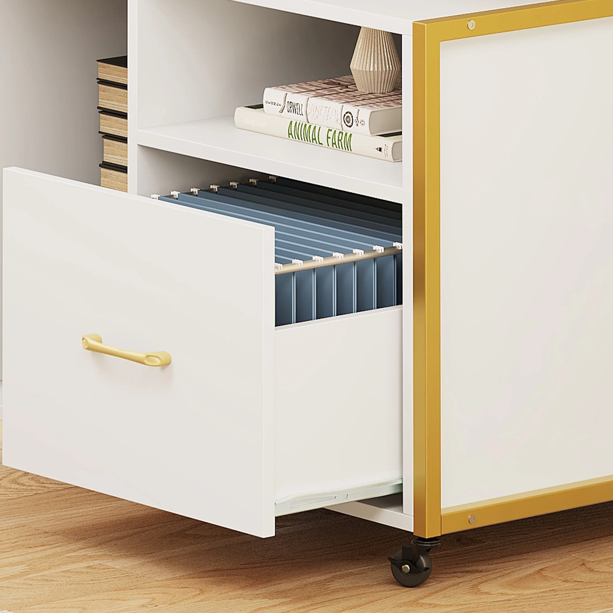 DWVO Wood File Cabinet with Charging Station, Rolling Lateral Filing Cart with Door & Printer Shelf for A4 Letter Size Files for Home Office, White