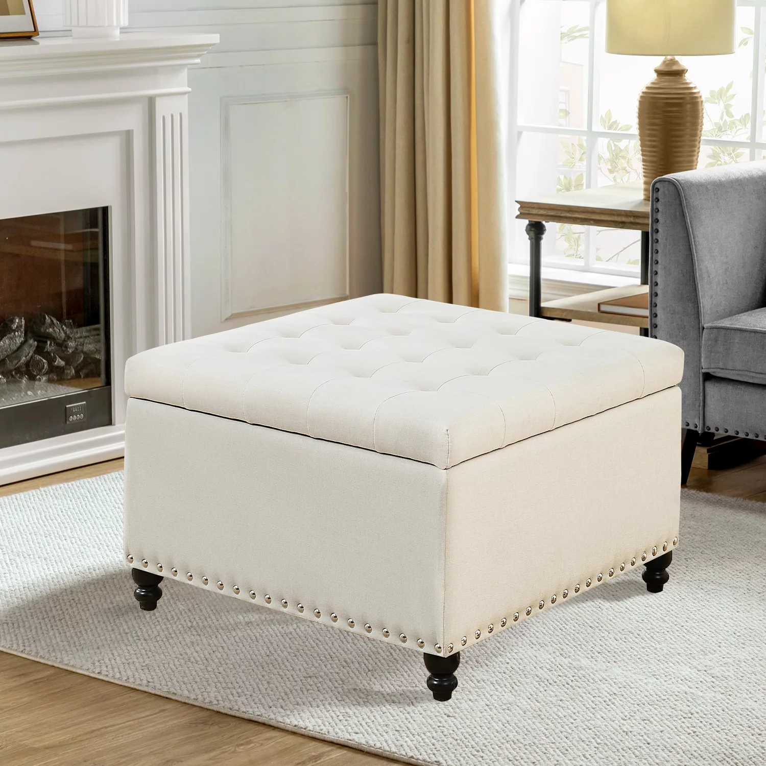 Square Storage Ottoman, 30-inch Large Ottoman Bench with Button-Tufted, Safety Hinge End Of Bed Storage Bench in Upholstered Fabrics for Bedroom, Living Room (Beige)