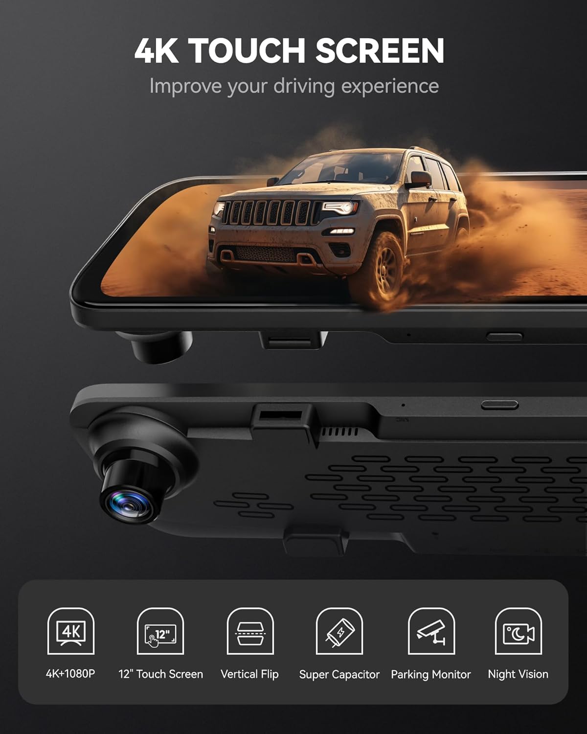 WOLFBOX G840S 12" 4K Mirror Dash Cam Backup Camera, 2160P Full HD Smart Rearview Mirror for Cars & Trucks, Front and Rear View Dual Cameras, Night Vision, Parking Assistance, Free 32GB Card & GPS
