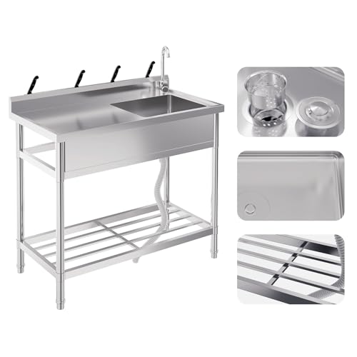 Stainless Steel Free-Standing Utility Sink, Single Bowl Freestanding Laundry Sink with Faucet, Drainboard, Storage, Hot & Cold Water Plumbing for Restaurant, Workshop, Home, 24x20x41 in