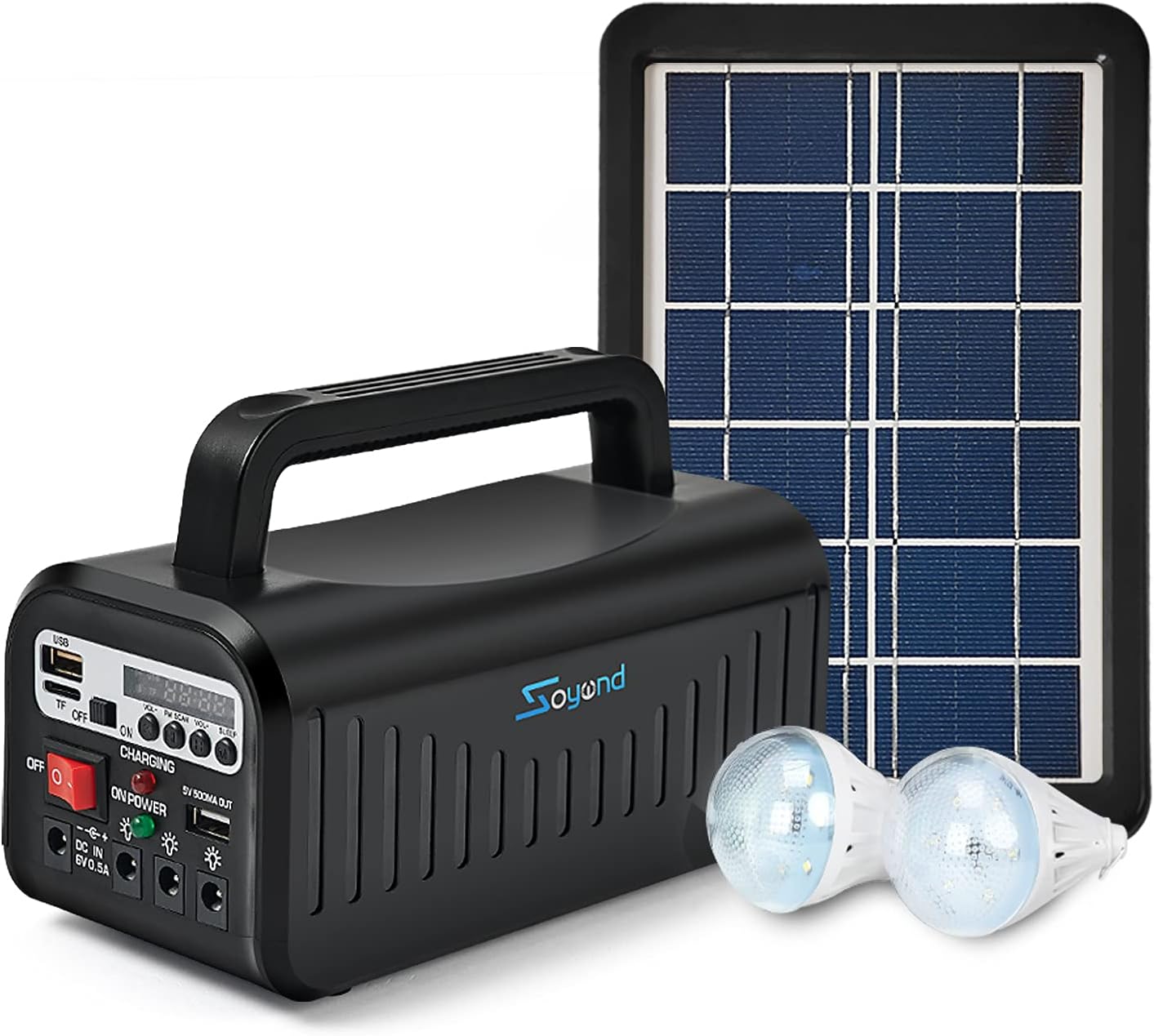 soyond Solar Generator Portable Power Station Portable Battery Generator with Solar Generator (Solar Panel Included) 8000mAh Battery 2 LED Bulbs Fm Radio for Outdoors Camping Travel Emergency
