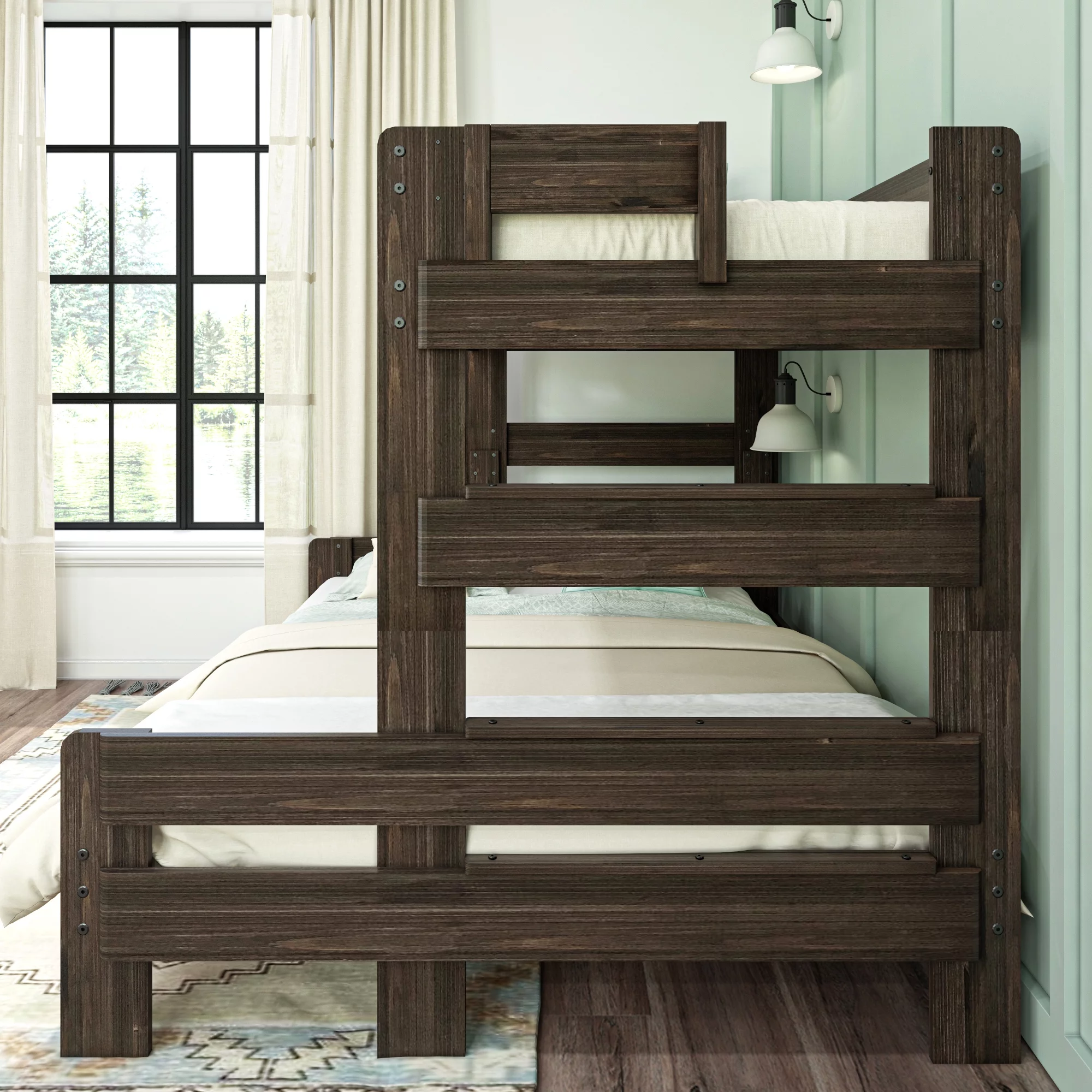 Max & Lily Bunk Bed, Twin XL Over Queen Modern Farmhouse Platform Bed Frame For Kids, Barnwood Brown
