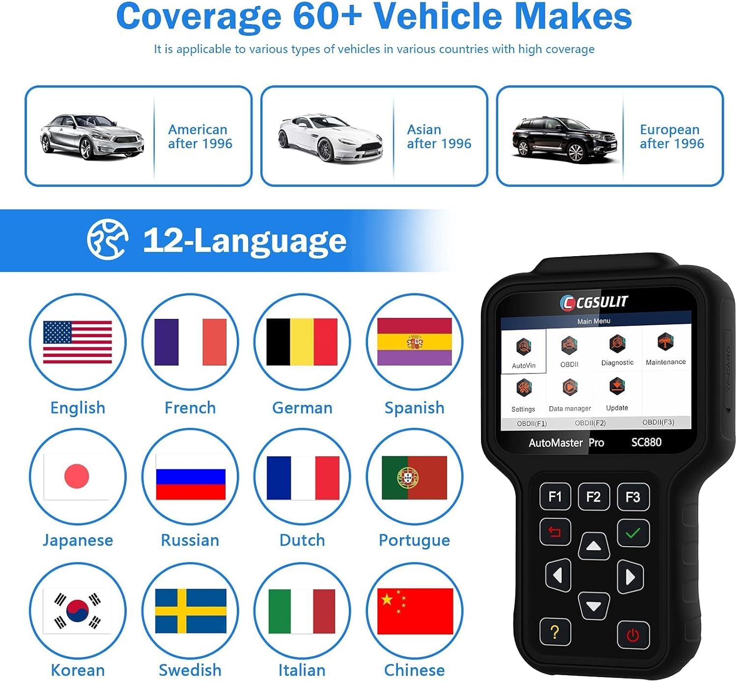 Code Reader Scan Tool for All Cars, CGSULIT SC880 Professional Full System Automotive Scanner Auto Check Fault Code Reader, Vehicle OBD2 Diagnostic Tool with EPB ABS SAS SRS Transmission Reset