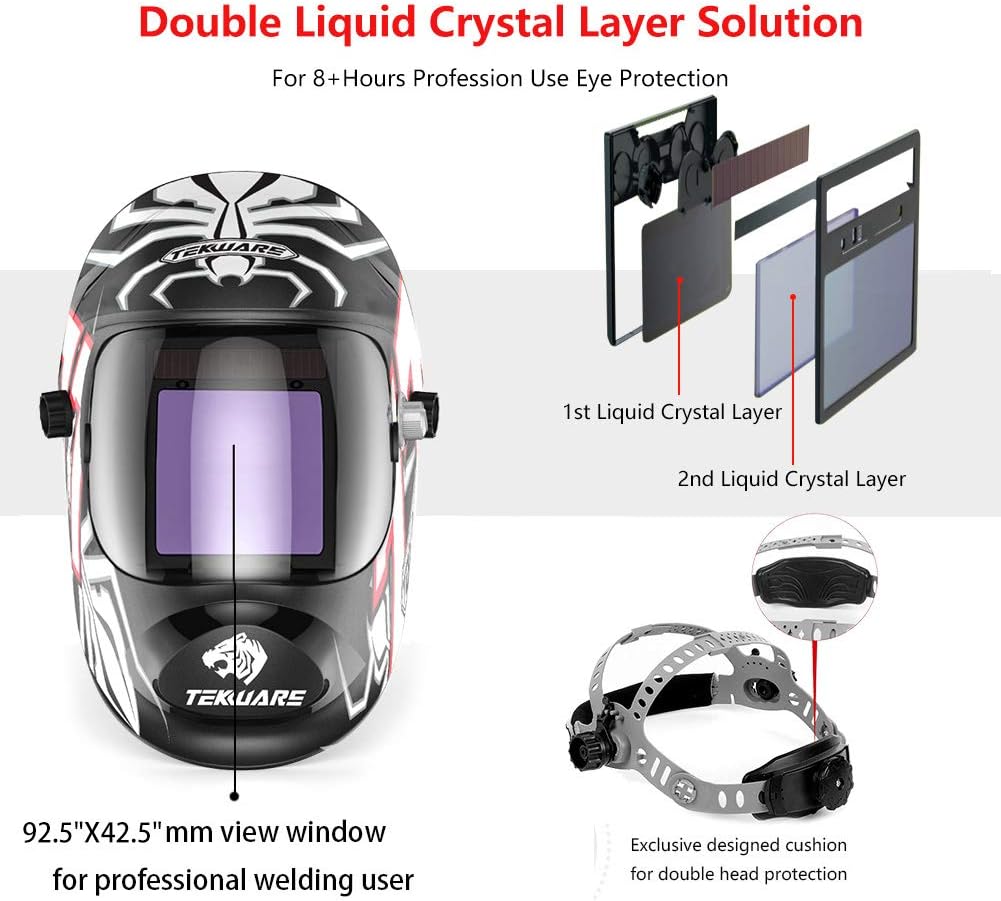 TEKWARE Large Viewing True Color Solar Powered Auto Darkening Welding Helmet, Hemispherical 4C lense, 4 Arc Sensor Wide Shade Range 4/5-9/9-13 Luminous Welder Mask for Mig Tig Arc Grinding Plasma