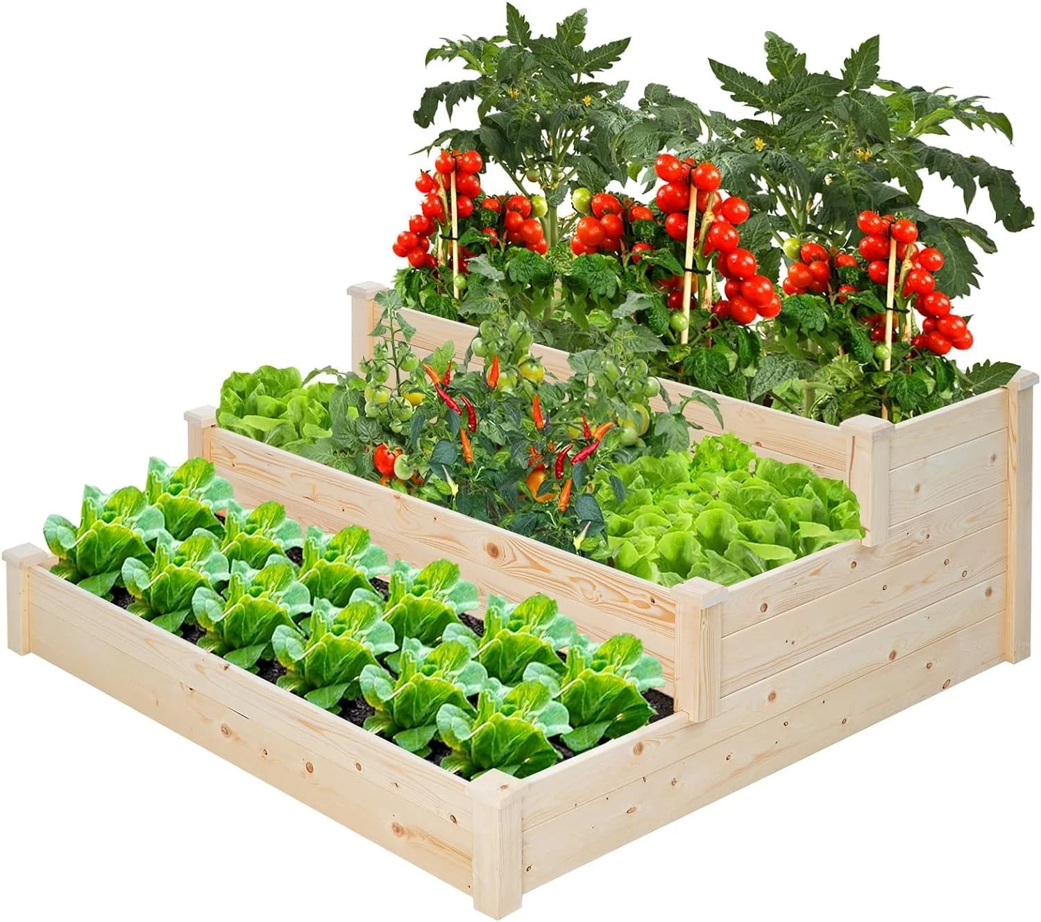 4x4 3 Tier Feet Outdoor Wooden Elevated Raised Garden Bed Planter Kit Grow Gardening Vegetable Natural, S or Yard Gardening, Natural - Curated Treasures Market