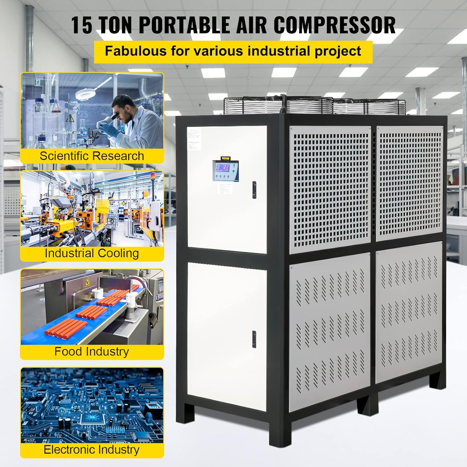 VEVOR Water Chiller 15Ton, Capacity Industrial Chiller 15Hp, Air-Cooled Water Chiller, Finned Condenser, with Micro-Computer Control, Stainless Steel Water Tank Chiller Machine for Cooling Water