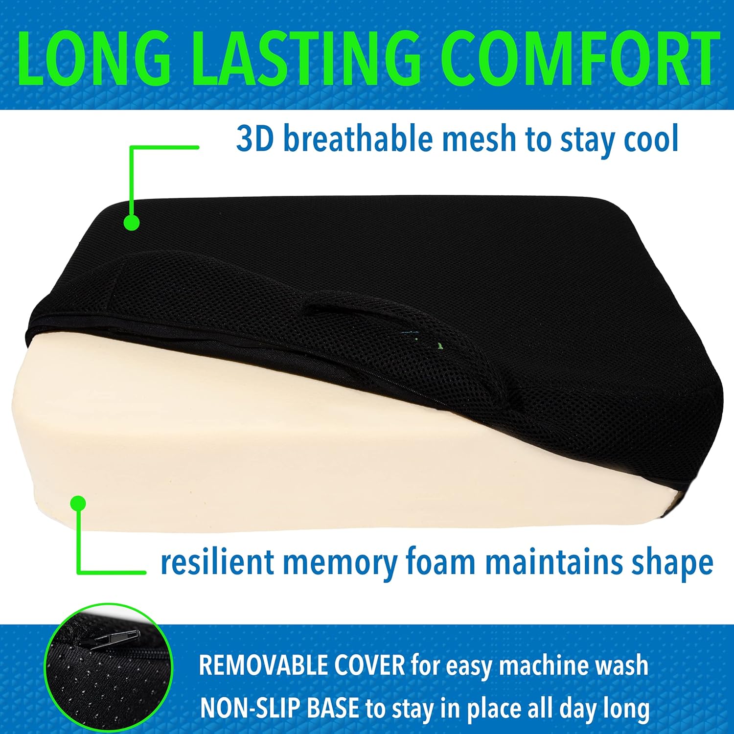 Nuumi Extra Large Memory Foam Seat Cushion with Anti Slip Bottom, Washable Covers & Carry Handle - Comfort Cushion for Office, Car & Wheelchair - Improves Posture & Circulation