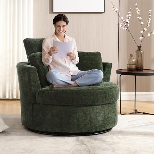 Chair and A Half with Ottoman, 360° Swivel Accent Barrel Chair Modern Comfy Round Reading Sofa Swivel Chairs Circle Lounge Chair for Bedroom Living Room w/4 Pillow Lower Seating Heigh (White, Large)