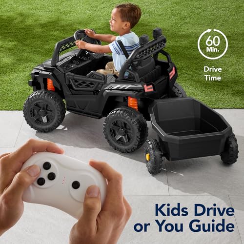 Best Choice Products Kids 12V Electric Ride On UTV Car and Trailer w/Parent Control, LED Lights, 2 Speeds, Bluetooth - Black