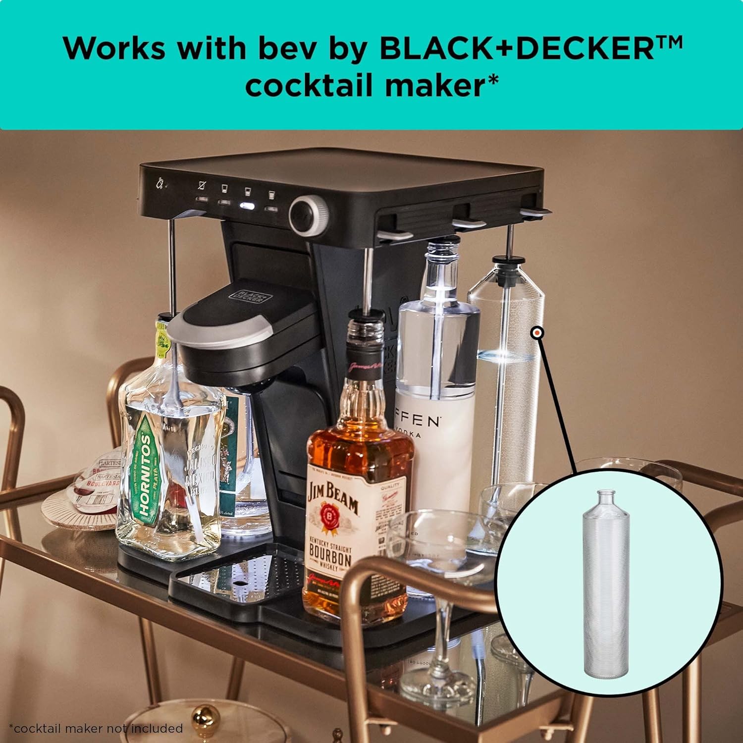 bev by BLACK+DECKER Cocktail Maker Machine and Drink Maker for Bartesian capsules (BEHB101) Black Medium & DECKER Cocktail Maker Glass Liquor Dispenser Bottle, Dishwasher Safe (BEWB101)​