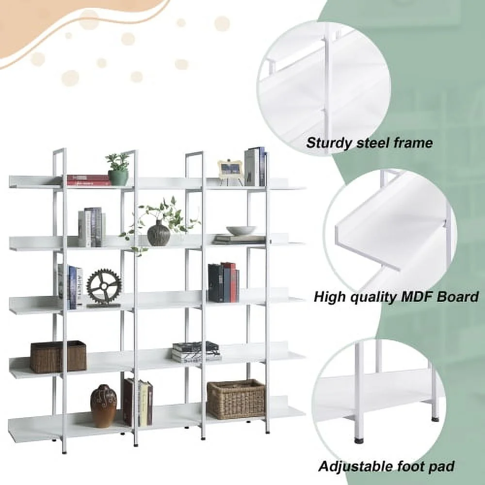 5 Tier Bookcase Home Office Open Bookshelf, Vintage Industrial Style Shelf with Metal Frame, MDF Board,White - Curated Treasures Market