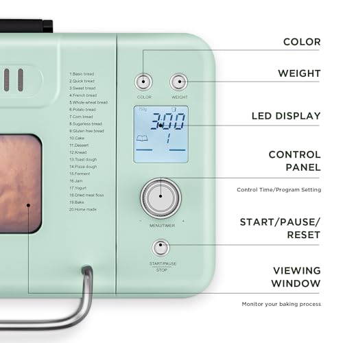 Neretva Bread Maker Machine, 20-in-1 2LB Automatic Breadmaker with Gluten Free Pizza Sourdough Setting, Digital, Programmable, 1 Hour Keep Warm, 2 Loaf Sizes, 3 Crust Colors - Receipe Booked Included