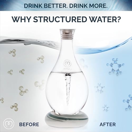 MAYU Swirl Structured Water Pitcher - Innovative Vortex Technology - Handblown. Reverse Osmosis Filter Complementary. Aerating Dispenser Stand 1.5 Liter | 51Oz Design Dining Glass Jug (Graystone Base)