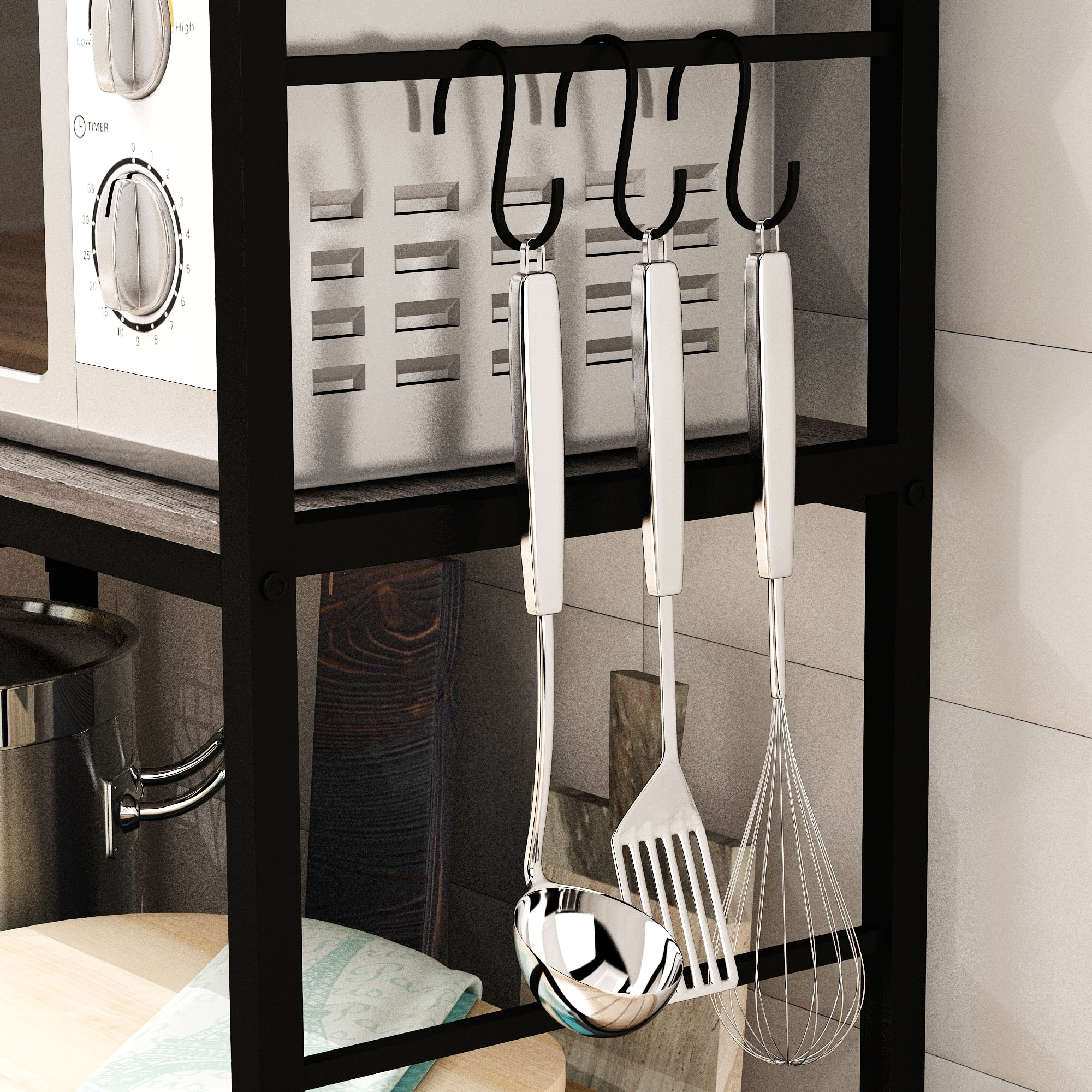 NAIYUFA Kitchen Bakers Rack with Baskets,5-Tier Utility Storage Wood Shelf with Hooks, Microwave Oven Stand Rack,Vintage Grey