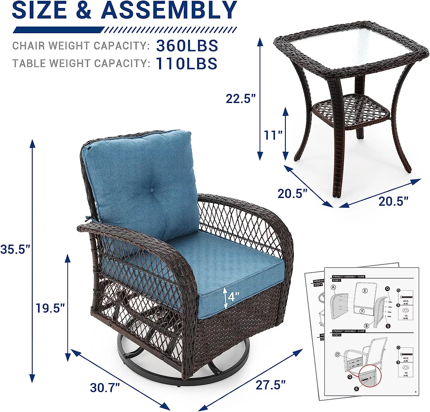 UDPATIO 3 Pieces Patio Furniture Set, Outdoor Swivel Gliders Rocker, Wicker Patio Bistro Set with Rattan Rocking Chair, Glass Top Side Table and Thickened Cushions for Porch Deck Backyard (Navy)