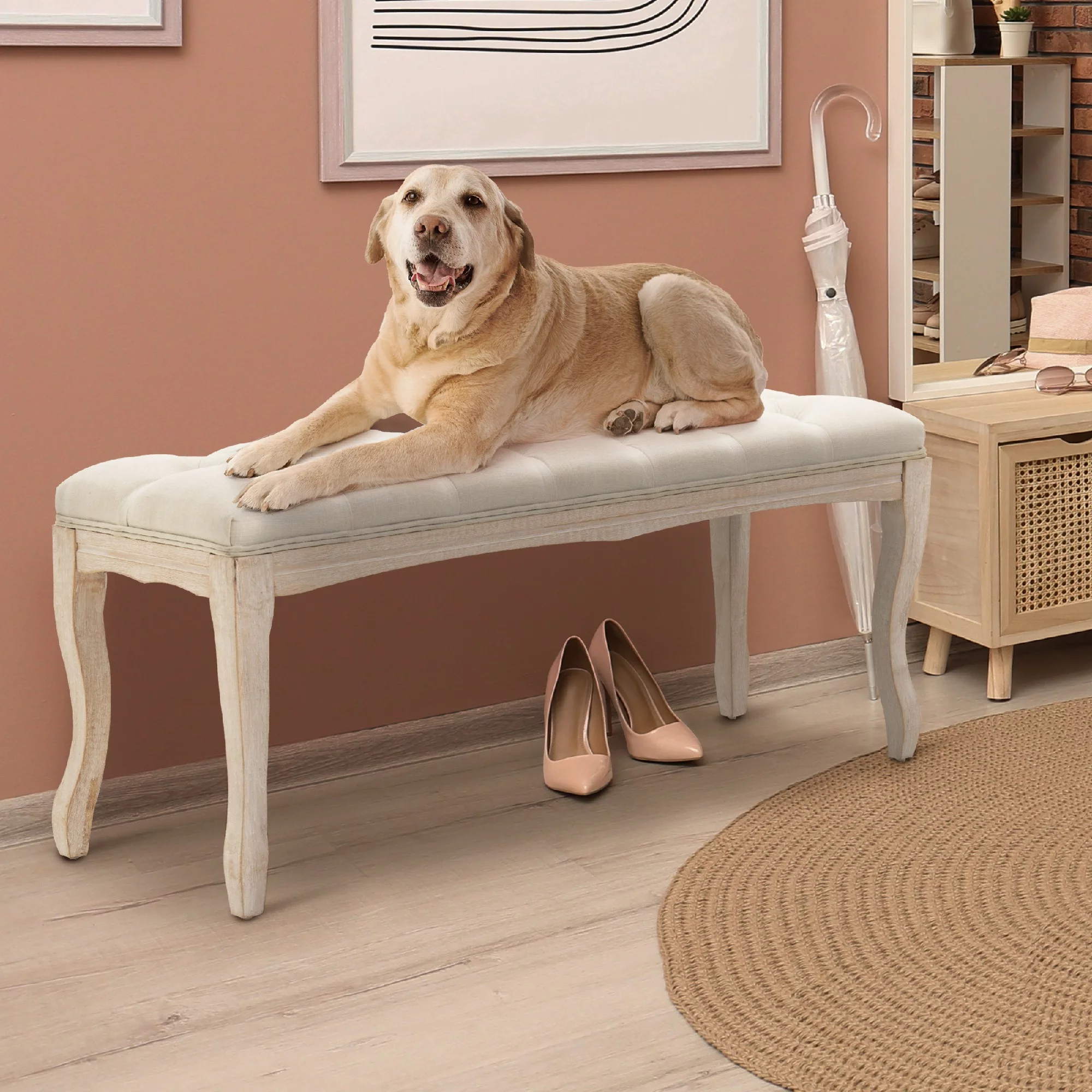 Pellebant Upholstered Tufted Bed Bench, Wood Ottoman Rectangular Footrest,Beige