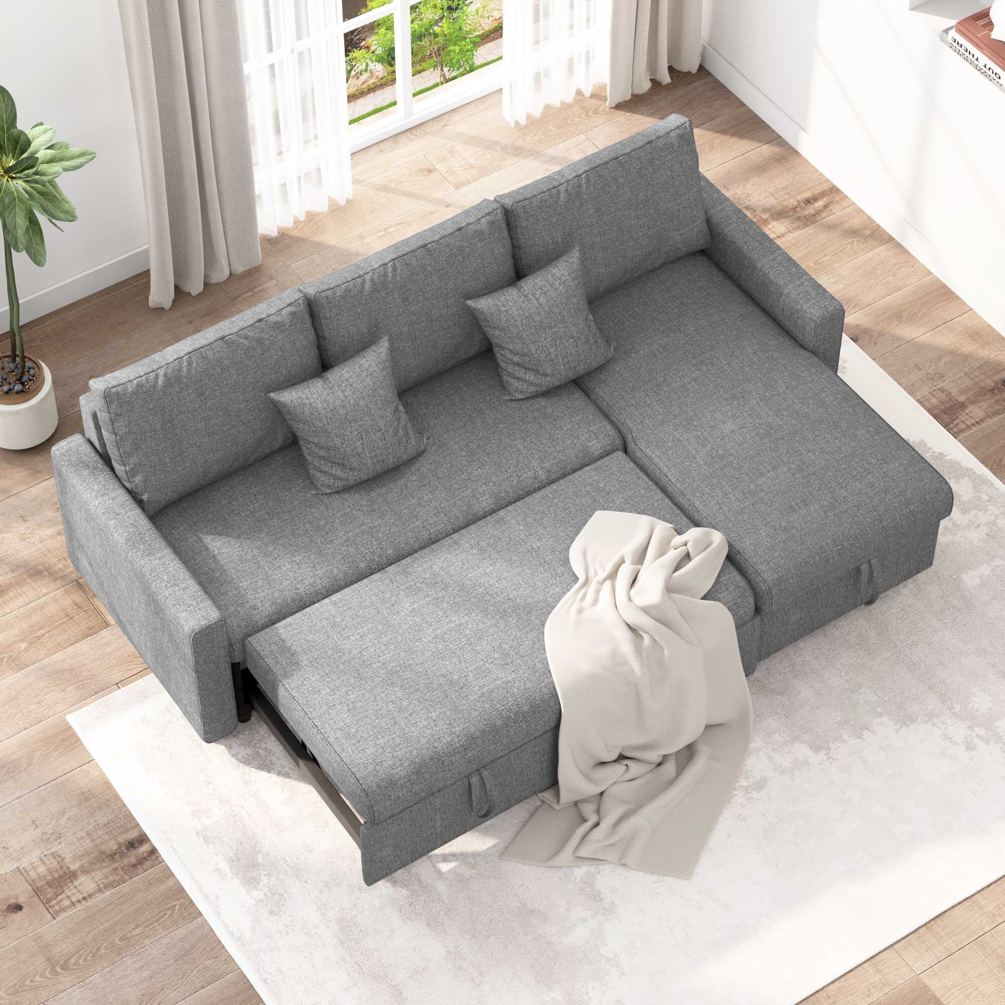 Soges 85" Pull Out Sofa Bed L Shape Sofa with Storage Chaise, Linen Fabric 3 Seater Couch, Dark Gray