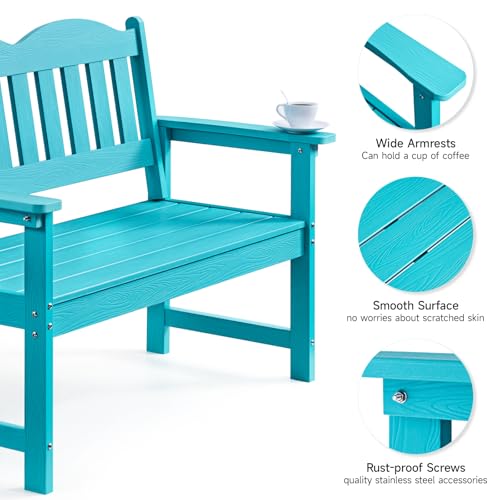 Outdoor Bench, 2-Person Poly Lumber Garden Bench with 800 lbs Weight Capacity, All-Weather Patio Bench with Armrests and Backrest for Garden, Porch, Backyard and Park, Blue