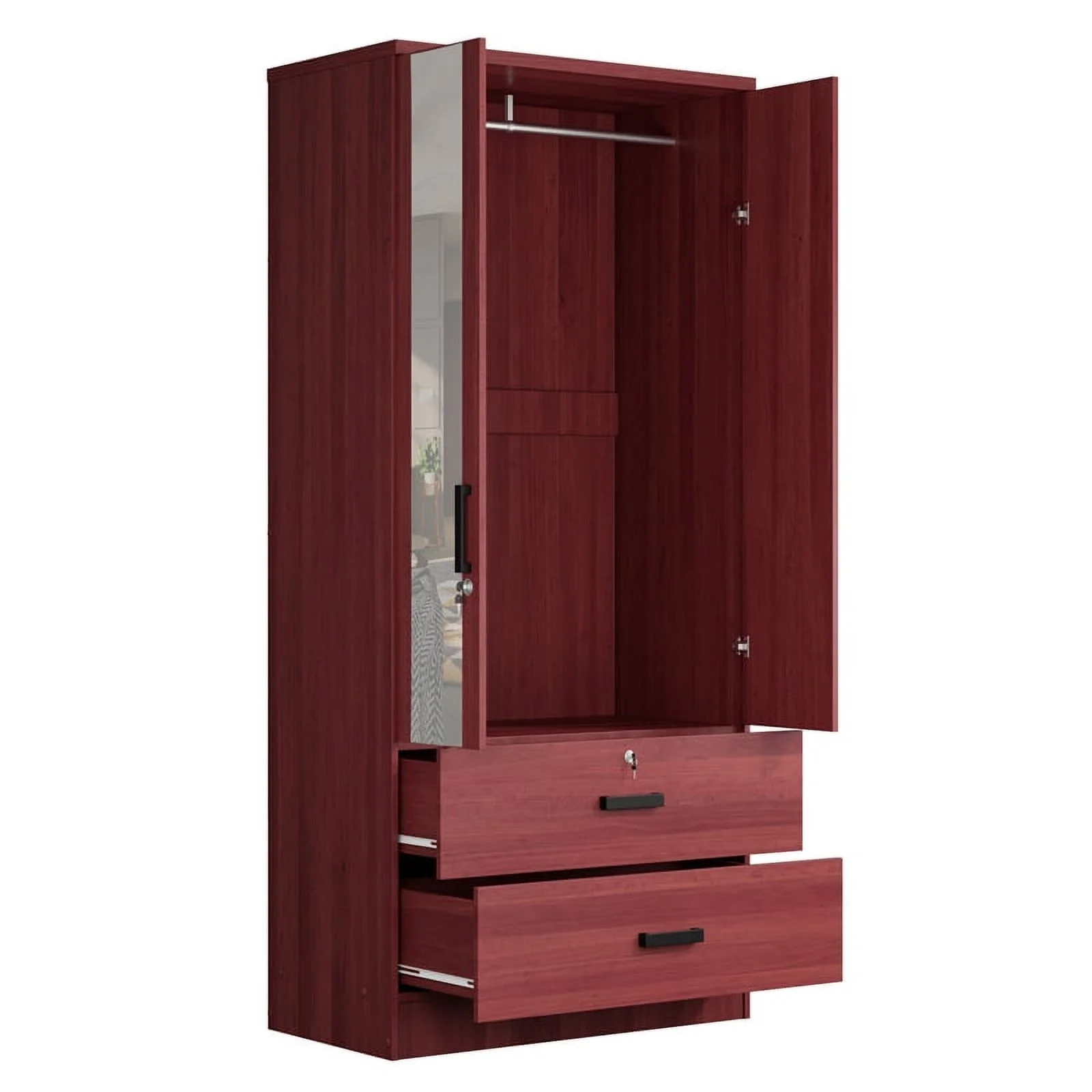 Better Home Products Grace Armoire Wardrobe with Mirror & Drawers in Mahogany