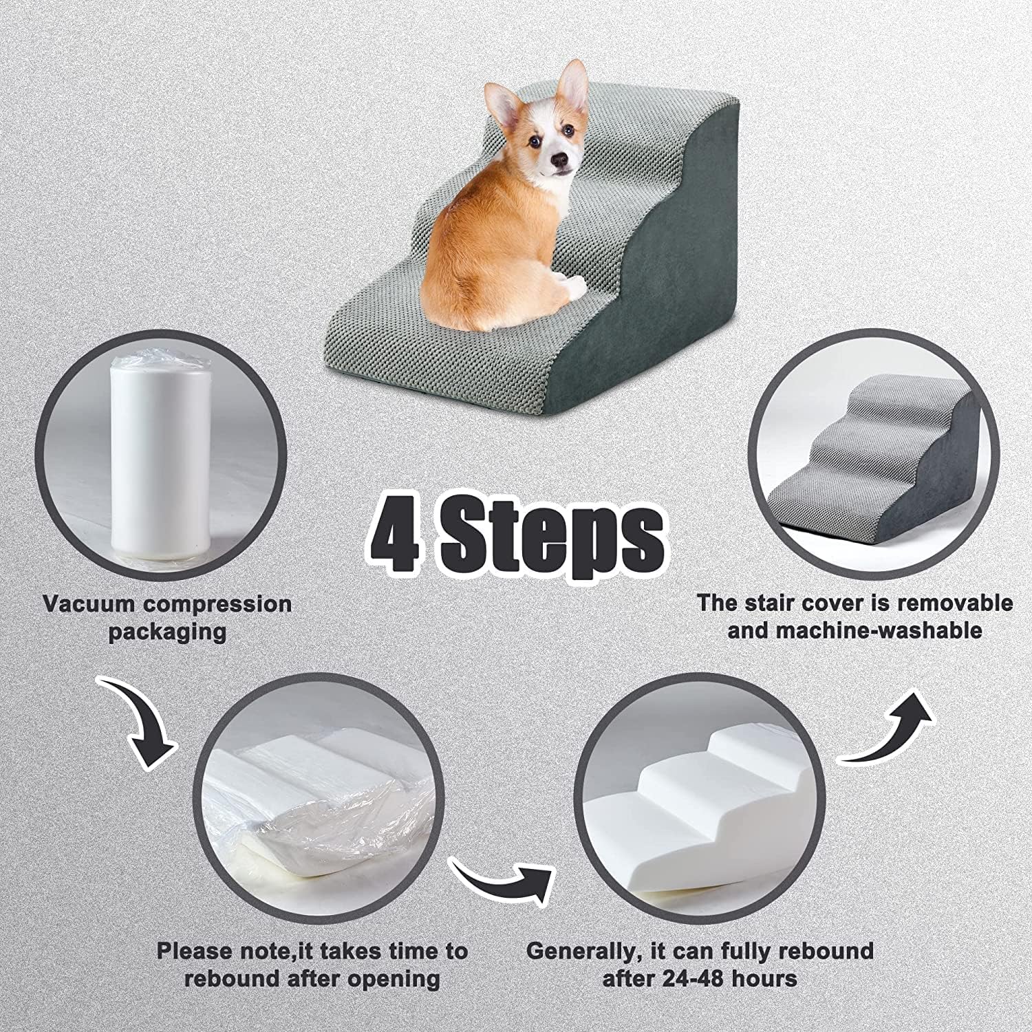 MALOROY Foam Dog Ramps, Dog Stairs Ladder Pet Ramp Stairs Non-Slip Pet Step for Older Dogs, Pet with Joint Pain, Sofa Bed Ladder for Cats (Grey)
