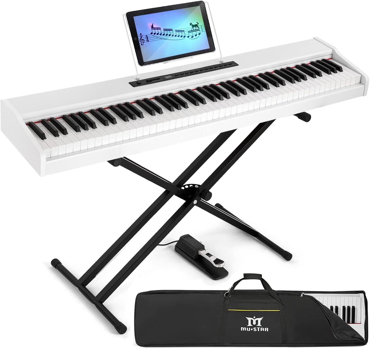 MUSTAR Digital Piano 88 Weighted Keys with Stand Touch Sensitivity, Piano Keyboard 88 Keys Semi Weighted Electric Piano with Bluetooth Connection, Portable Case, Sustain Pedal, MDF, White