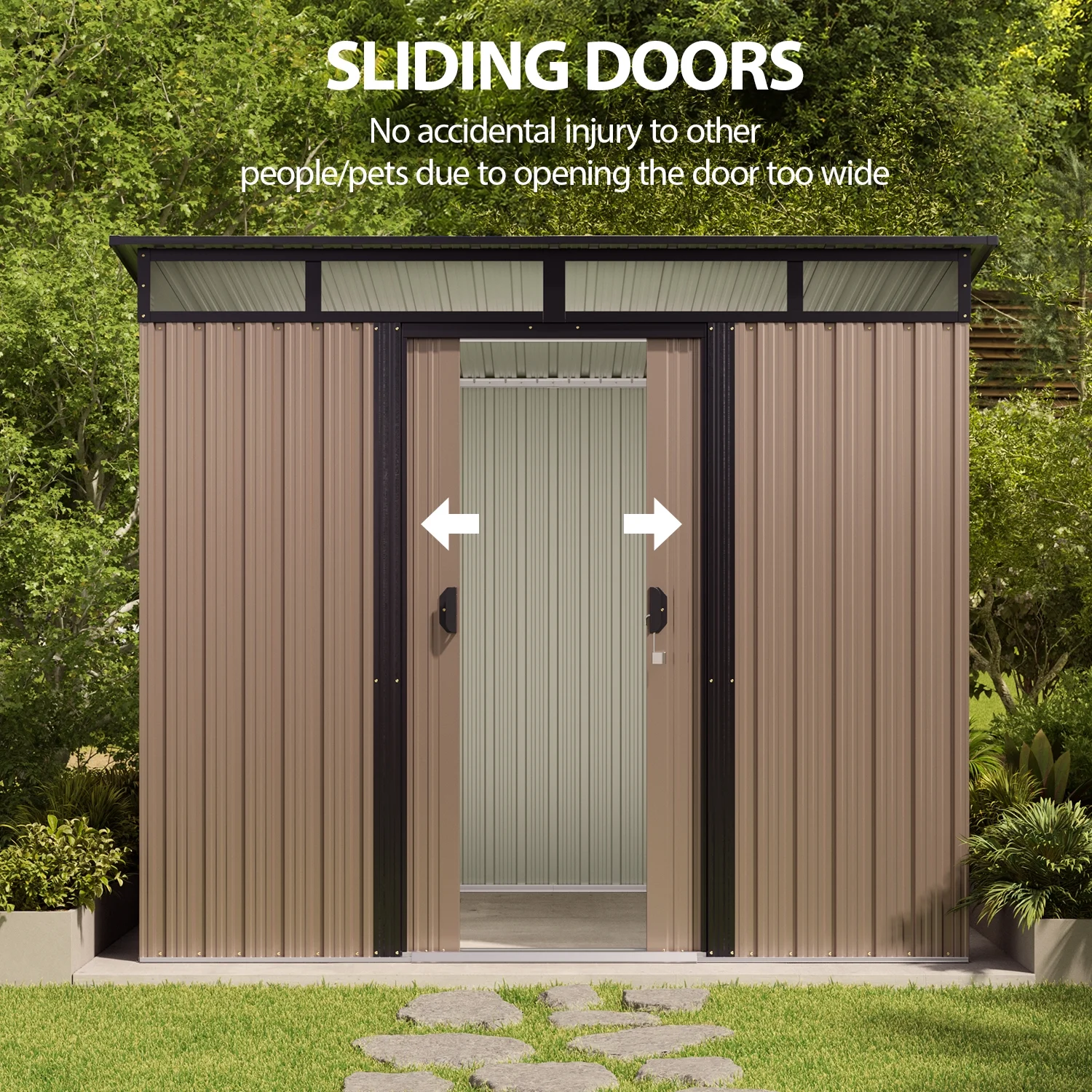 8'x6' Metel Shed, Lofka Outdoor Storage Shed,w/ Sliding Doors, Light Brown