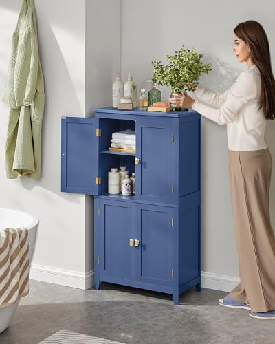 VASAGLE Bathroom Floor Storage Cabinet, Bathroom Storage Unit, Freestanding Cabinet with 4 Doors, Adjustable Shelves, 11.8 x 23.6 x 43.3 Inches, Forest Green UBBC552C01